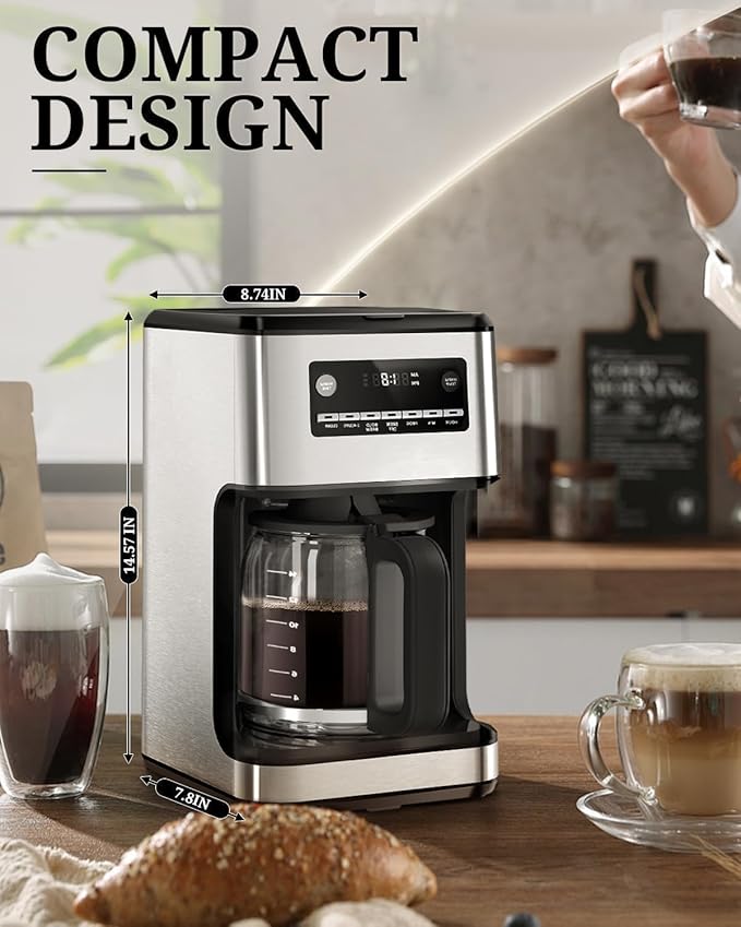 Kismile Coffee Maker, 14-Cup Programmable Drip Coffee Makers Machines with Timer, Keep Hot Plate & Reusable Filter, Self-Cleaning, Auto Pause, Stainless Steel