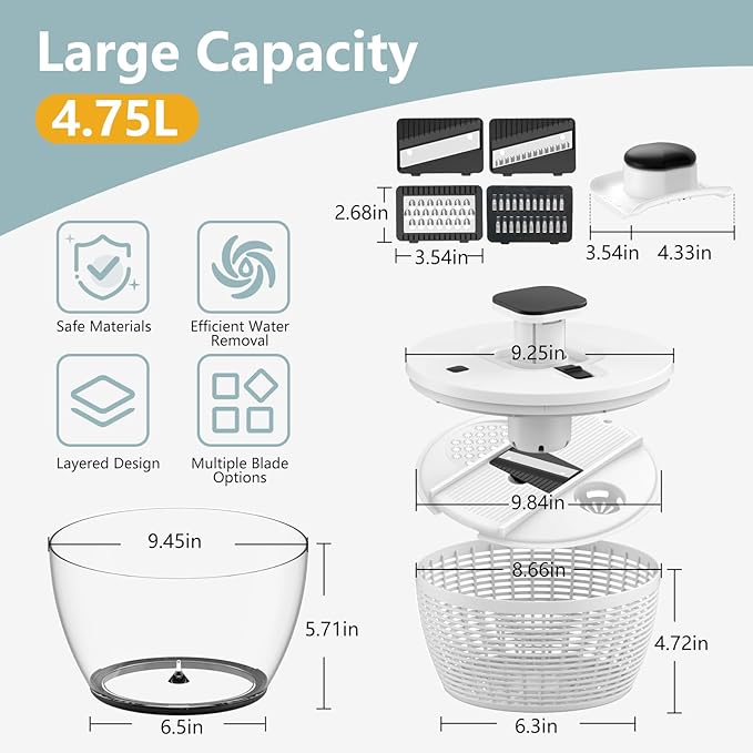 Salad Spinner Large, Lettuce Spinner, Fruits and Vegetables Washer with 4 Blades Slicer, One-handed Easy Press Large Vegetable Dryer Salad Mixer, 5 Quart Capacity, Grey