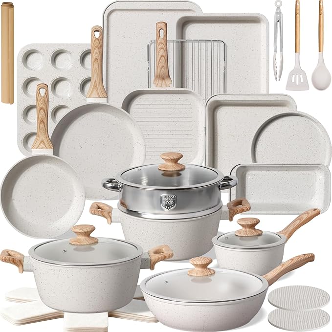 Kikcoin Pots and Pans Set Non Stick 31 Piece Kitchen Nonstick Cooking Cookware Sets with Grill Pan Saucepan Baking Sheet Utensil, Cream White