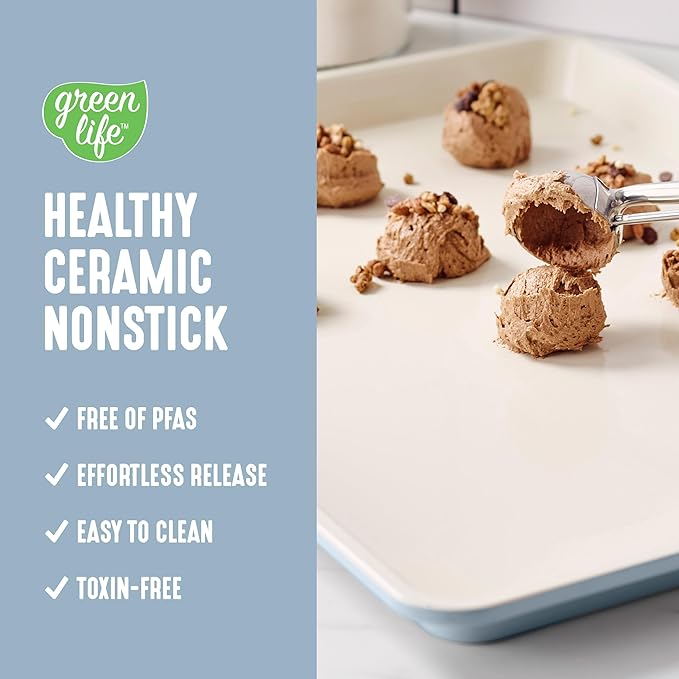 GreenLife Bakeware 18” x 13” Half Cookie Sheet Baking Pan, Non-Toxic PFAS-Free Healthy Ceramic Nonstick, Oven Safe to 450°F, Easy Release, Even Heating, Easy Clean, Blue Haze