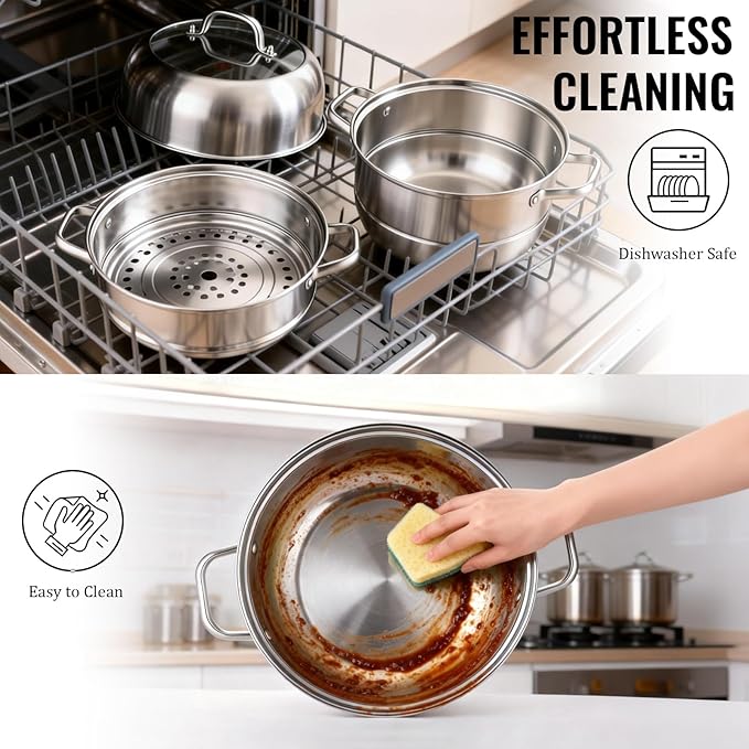 2-Tier Stainless Steel Induction Steamer Pot (30cm/11.8Inch) - Large Food Steamer for Dumplings, Buns & Dim Sum - Dishwasher Safe with Even Heat Distribution