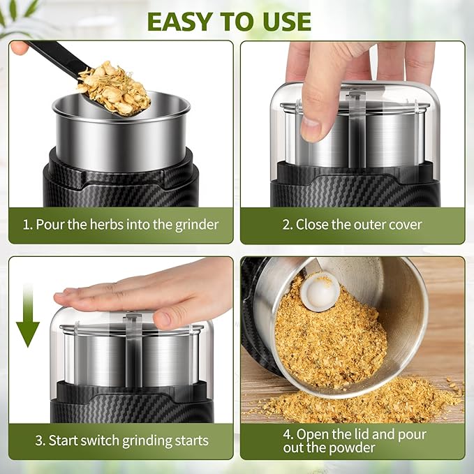 Hermolante 150W Electric Herb and Spice Grinder, 60g (2.1oz), 304 Stainless Steel Cup and Blade, Lid-Activated Safety Press-Top, Compact, Cleaning Brush Included, for Coffee Beans, Nuts, Seeds