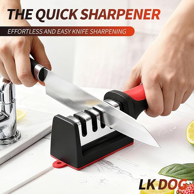 4-in-1 Kitchen Knife Sharpener, Professional Grade with Tungsten Steel and Ceramic Slots, Scissor Sharpening, Black/Red