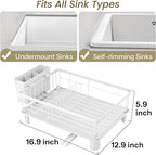 SNTD Dish Drying Rack - Small Dish Rack for Kitchen Counter, Stainless Steel Dish Drainer with Utensil Holder and Drainboard, 12.9" W x 16.9" L (White)