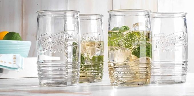 Glaver's Set of 8 Tumbler Glass Cups 20 OZ Mason Stemless Tall Drinking Glasses For Everyday Use, Modern yet Vintage Original Mason Logo Glassware for Bar, Water, Beer, Juice.
