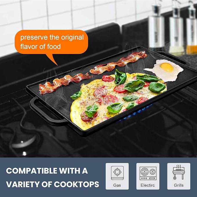 GGC Cast Iron Reversible Grill Griddle for Stove Top, Flat Griddle for Gas Grills, Flat and Ribbed Double-Side to Use, Non-Stick Griddle Plate Top Outdoor Cooking (20" x 9")
