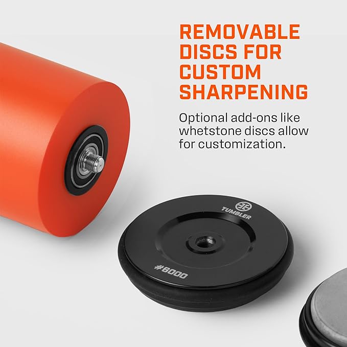 TUMBLER Pro Rolling Knife Sharpener™ - Knife Sharpening Made Easy - Ultimate Gift for Father's Day - Kit with Removable Disc System - 4-Layer Diamond Sharpening Disc & EdgeBoost Ceramic Disc (Orange)
