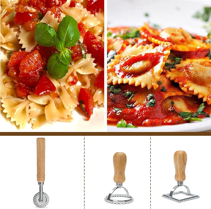Pasta Making Tools 9 Pcs with Pasta Drying Rack, Threaded Rolling Pin, 2 Rolling Pins, Gnocchi Board, Dough Cutter, Wheel Cutter, 2 Ravioli Stamps,Pasta Making Kit Accessories for Home