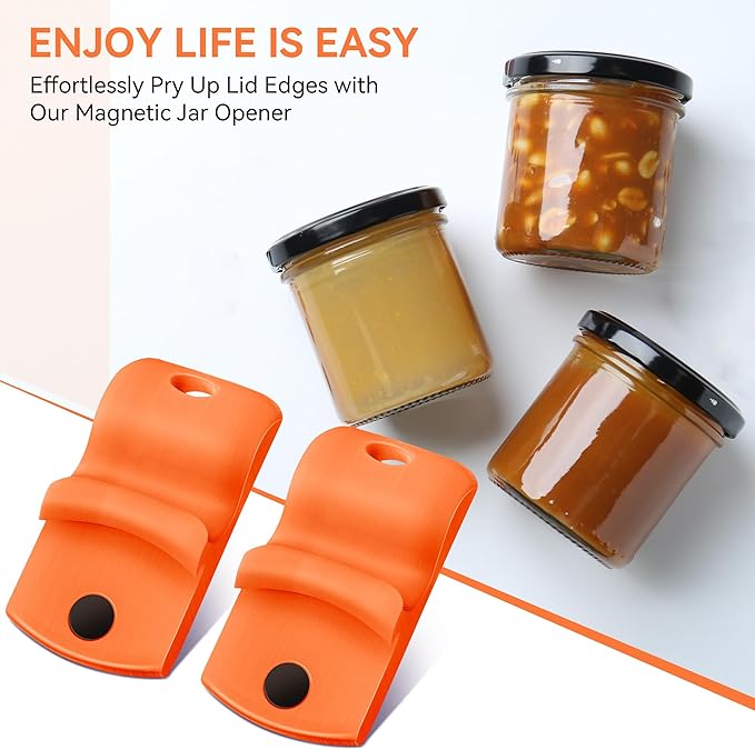 2 Pack Canning Jar Opener with Magnets, Mason Jar Opener For Canning Lids, Regular and Wide Mouth Lids, Powerful Magnet for Easy Refrigerator Storage, Releases Vacuum Seal– Patent Pending(Orange)