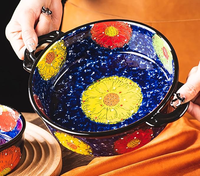 Vintage Style Pottery Bakeware Colorful Daisy Pattern Ceramic Casserole Dish Baking Pan Lasagna Pans Baking Dish with Handles from Oven to Table Plate-1 PCS, 32 OZ