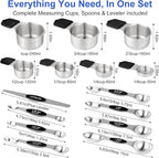 Magnetic Measuring Cups & Spoons Set, Strong N45 Magnets, Heavy Duty Stainless Steel Fits in Spice Jars for Baking & Cooking, BPA Free, Round Set of 15 with Leveler,Dark Black
