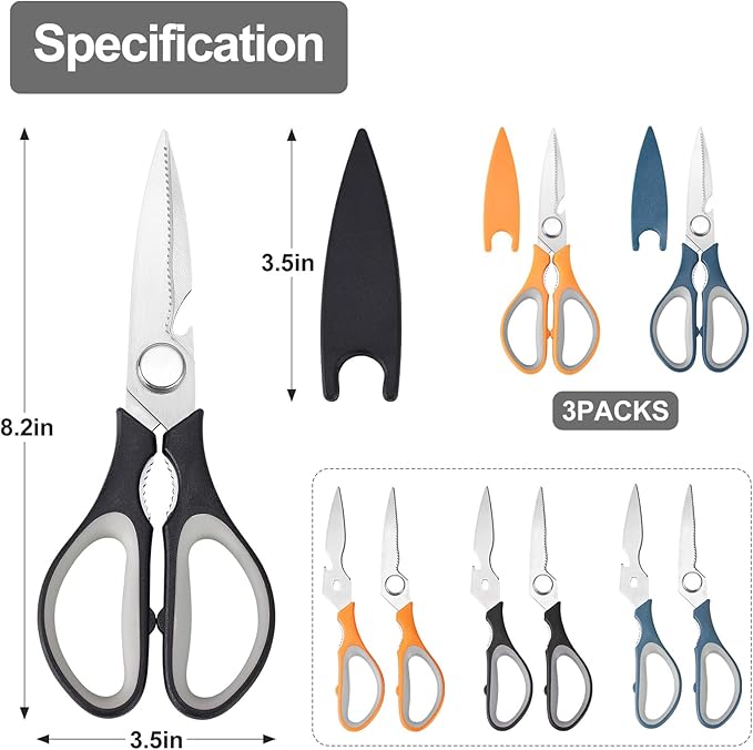 3-Pack Kitchen Shears Heavy Duty All Purpose Stainless Steel Scissors Dishwasher Safe Cooking for Meat, Chicken, Fish, Vegetable
