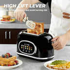 Roter Mond 2 Slice Toaster Smart Touch Screen, Retro Stainless Steel Bread Toaster with Digital Timer, Sleep Mode, Bagel, Cancel, and Defrost Functions, 6 Bread Types and Shade Settings, Black