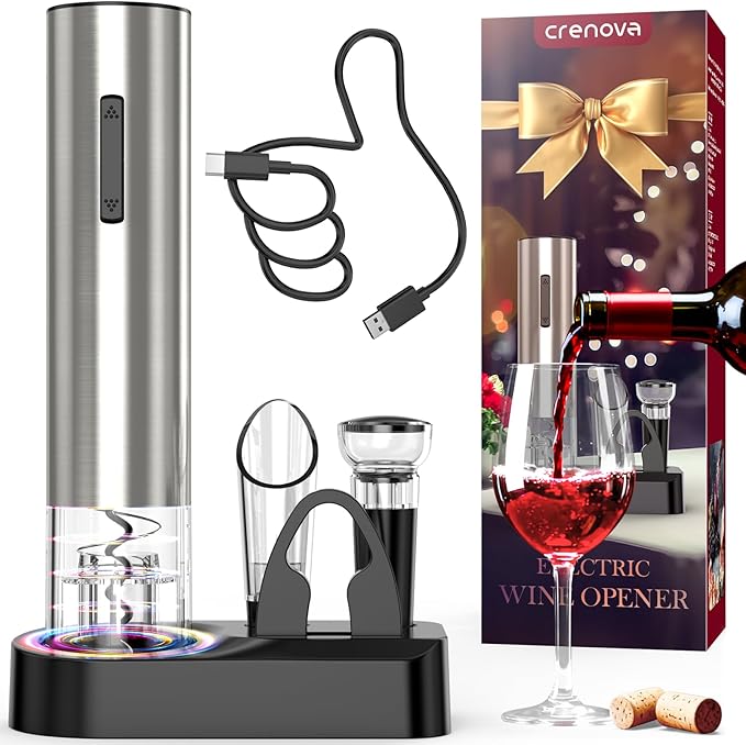 Crenova Wine Opener Electric, Rechargeable Wine Bottle Opener, Automatic Corkscrew with Vacuum Stopper, Aerator Pourer, Foil Cutter, Display Base, House Warming Gifts for New Home Wedding Birthday