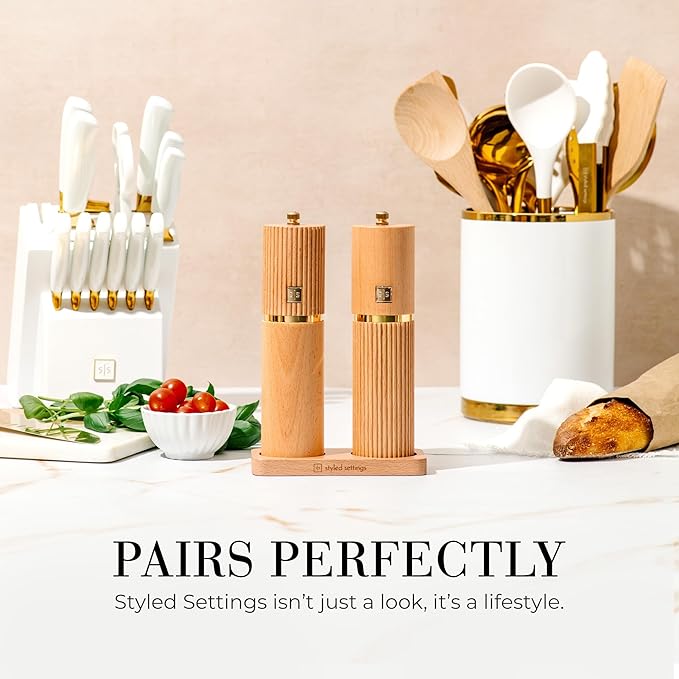 Wooden Salt and Pepper Grinder Set – Refillable Manual Salt and Pepper Mills with Adjustable Ceramic Burrs, Gold Detailing, and Wood Stand