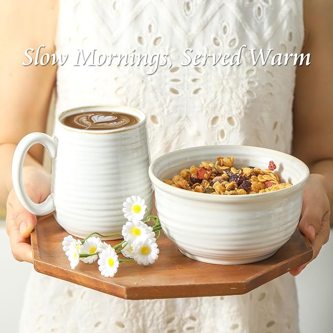 Hasense Cereal Bowls, 20 Ounce Soup Bowls Set of 6, Ceramic Deep Bowl for Kitchen, Perfect for salad Pasta Dessert Oatmeal, Dishwasher and Microwave Safe, Clay-Infused White