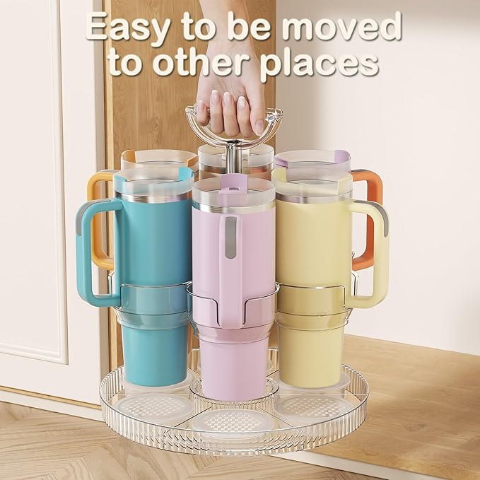 Rotating Coffee Bar Accessories Organizer, 2-Tier Lazy Susan Cup Holder for Stanley 40oz Tumbler with Handle, Countertop Drying Rack Station with Divided Tray for K-Cups, Snacks & Mugs