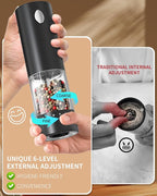 CIRCLE JOY Electric Salt and Pepper Grinder Set Rechargeable Salt and Pepper Mills with 6-Level External Adjustable Coarseness, White LED Light and Storage Base, Black & White