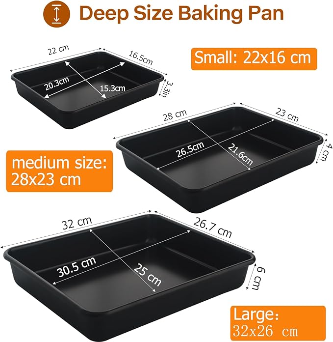 Rectangle Cake Pan, Deep Baking Pans Set Nonstick, 9/11/13 Inch, Heavy Duty Thickness Bakeware Roasting Tray for Toaster Oven, Thanksgiving Christmas Roast Turkey Pan, 3-Pack, Black