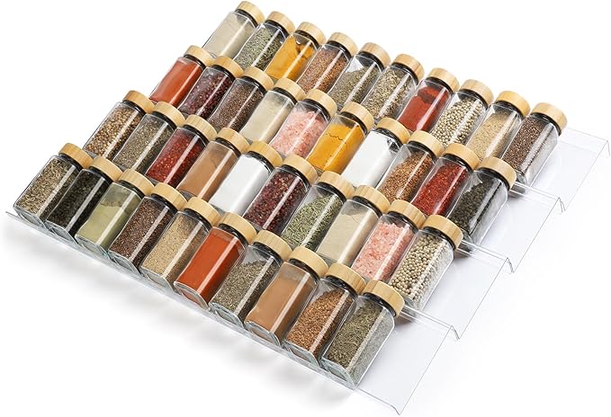 Suneerplay Spice Drawer Organizer 8 Tier, Acrylic Seasoning Organizer Rack, Clear Spice Rack Tray, Kitchen Seasoning Jars Drawers Insert (Jars Not Included/Expandable From 13" to 26")