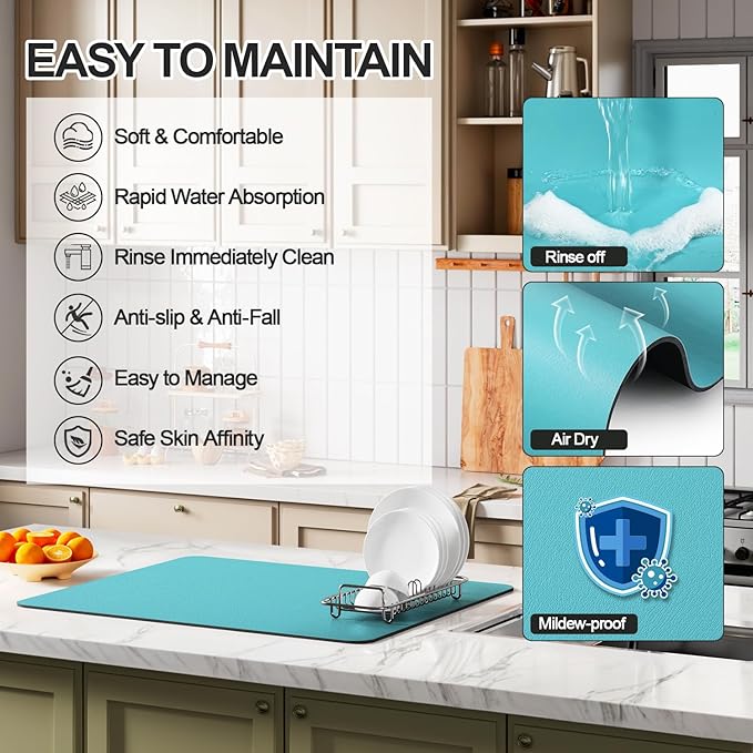 Ecotrim - Dish Drying Mat for Kitchen Counter | Coffee Bar Mat for Countertops | Heat Resistant Drainer Mat with Non-slip Rubber Backed | Hide Stain Kitchen Absorbent Draining Mat | Turquoise 16"x24"