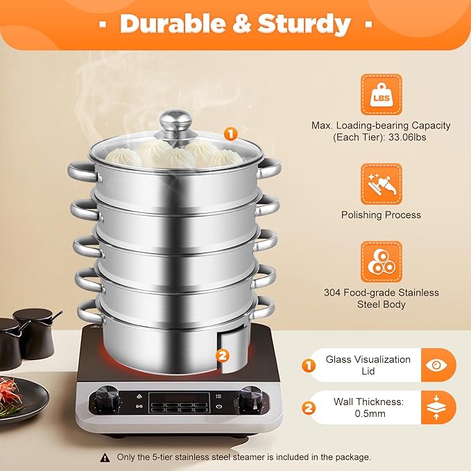 5-Tier Stainless Steel Steamer, 10.2 Inch Commercial Multi Tier Stainless Steel Cookware Pot Vegetable Meat Steamer Cooker Set w/Glass Lid for Steaming Shrimp & Miscellaneous Grains