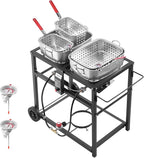 VEVOR Outdoor Propane Deep Fryer, Dual-Tank 18QTx2 Commercial Fryer, Multi-Purpose Portable Frying Cart with Wheel, 3 Basket, 2 Thermometer, Stainless Steel Cooker for Fish Fry Wings Fries, 40,000 BTU