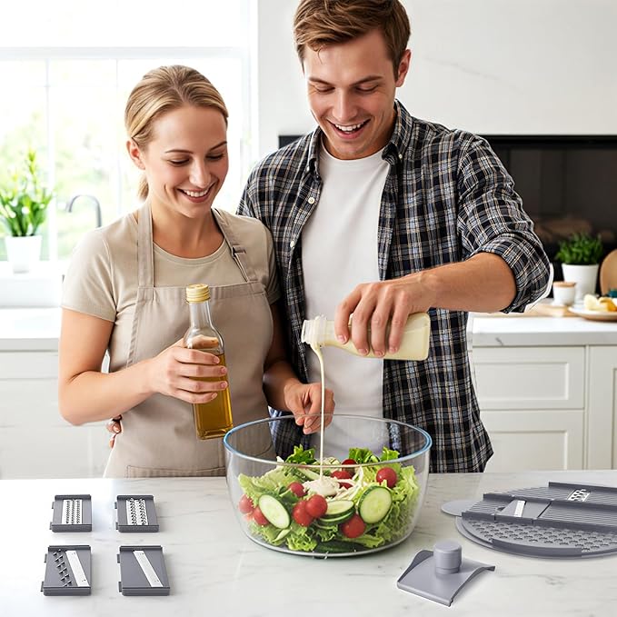 HomeHacks Salad Spinner Large Lettuce Spinner, Large Fruit Cleaner with Double Drainage Holes, 5 Chopping Blades, High Efficiency for Kitchen Washing & Drying Leafy Vegetables, Easy Press (Grey)