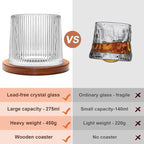 Rotatable Old Fashioned Glass, 275ml/10oz Crystal Whiskey Glass Set of 4, Wood Coaster, Thickening, Used as Rum Glass, Cocktail Cup, Coffee Cup, Milk Cup to Relax and Reduce Stress, Christmas gifts