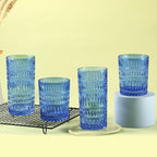 Loivttvv Glassware Drinking Glasses Set of 8, 14 oz Highball Glasses & 10 oz Ribbed Glass Cups, Vintage Glassware for Water, Juice, Cocktail, Whiskey (Blue)