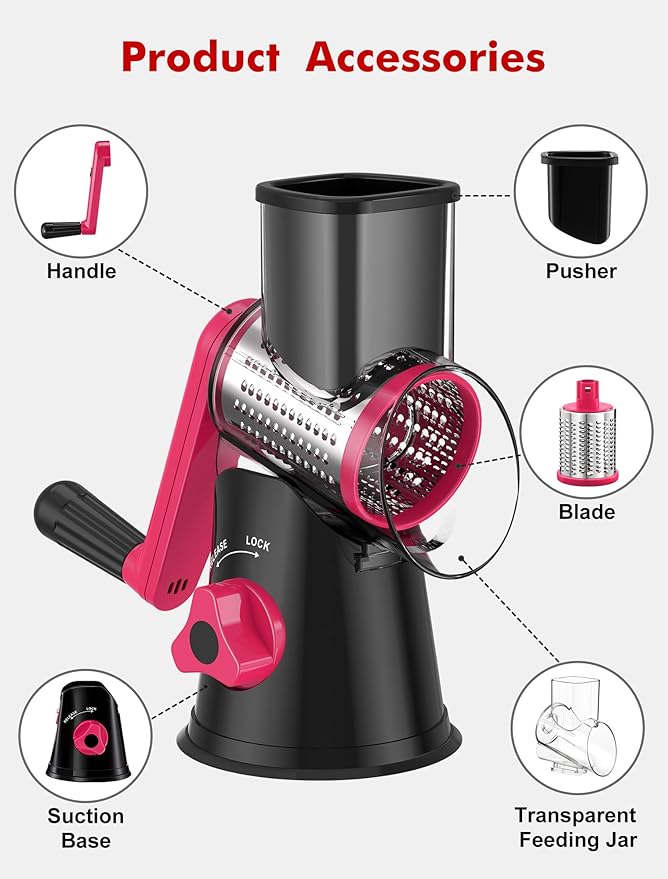 Cheese Grater Rotary, Rotary Grater for Kitchen, Kitchen Vegetable Slicer with 3 Drum Blades, Fast Cutting Cheese Shredder for Vegetables and Nuts (Black+Rosy, 3 BLADES)