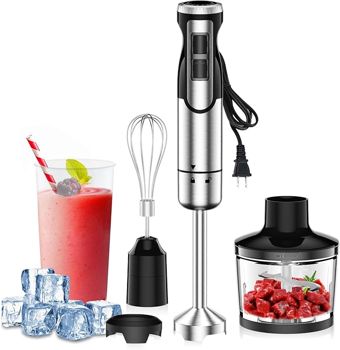 1800W Immersion Blender Handheld 4-in-1 Hand Blender Stick for Ice Crushing Smoothie, Baby Food, Soup, 8 Speed Hand Mixer Turbo Boost Stainless Steel Blade with Whisk, Chopper, Beaker