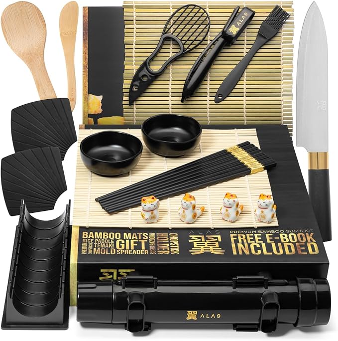 Alas Sushi Making Kit- Complete Sushi Making Kit for Beginners & Pros Sushi Makers, Perfect Sushi Making Kitchen Accessories Like Sushi Knife, 2 Sushi Mats, Rice Bazooka, Dipping Plate, & More (Black)