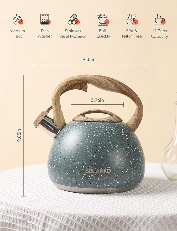 BELANKO 2.7 Quart Tea Kettle for Stovetops - Food Grade Stainless Steel Teapot with Loud Whistle, Cool-Touch Wood Pattern Handle, Rust-Resistant Whistling Kettle - Starry Green