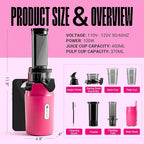 Ventray Ginnie Mini Cold Press Juicer, Small Slow Masticating Juicer for Vegetables and Fruits, High Juice Yield, Easy to Clean, Space-Saving, Fit for Personal/Travel/Picnic/Office - Pink