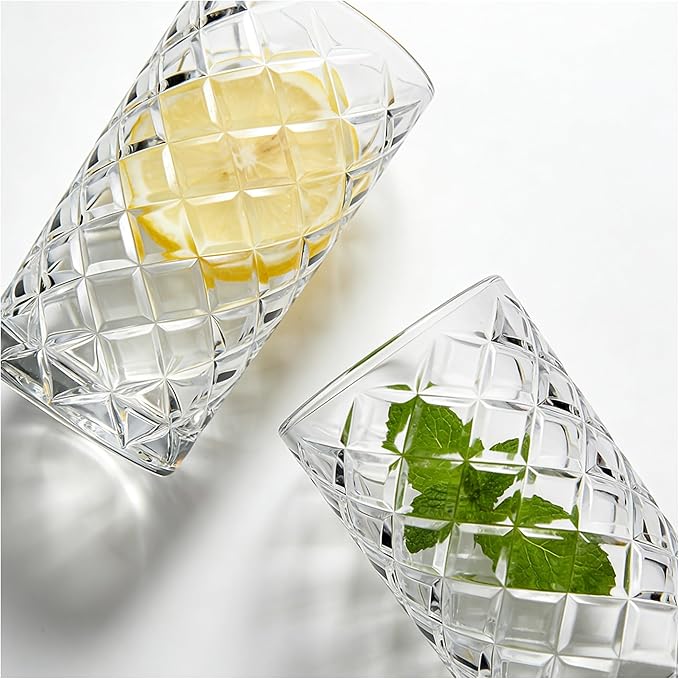 Crystal Highball Glasses Set Of 6-14 Ounce Diamond Cut Tom Collins Glasses - Textured Designer Glassware For Whiskey,Drinks, Water, Beer, Soda