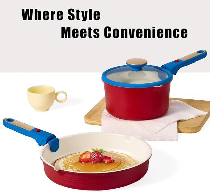 CAROTE 17Pcs Titanium Cookware Set, Pots and Pans Set Non Stick, Kitchen Cooking Set with Detachable Handle, Non Toxic Induction Cookware, Dishwasher/Oven Safe，Memphis Design