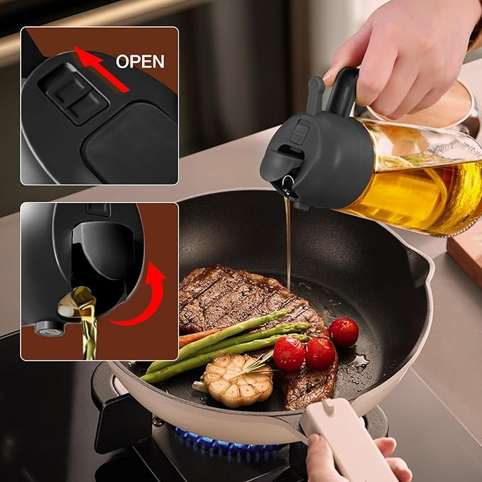 YARRAMATE 2Pcs 16oz/470ml 2 in 1 Oil Sprayer for Cooking with Stickers, Food-grade Glass Oil Spray Bottle, Oil Dispenser and Oil Sprayer for Kitchen, Salad, Frying, BBQ (White &Black)