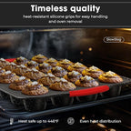 11-Piece Nonstick Stackable Baking Pans Set, Toxin-Free Bakeware Sets, Baking Pan Set with Silicone Handles, Includes Cookie Sheets, Loaf Pan, Pizza Pan, Muffin Pan, Red&Black