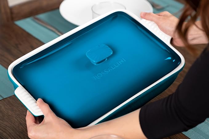 ROSSALLINI Stoneware Casserole Dish Bakeware Set with Lid, Covered Rectangular Dinnerware, Extra Large 4.23 Quart, 13 by 9 Inch, Ocean Blue