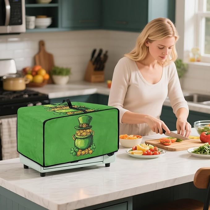 Clover Top Hat Gold Lucky Coin Print Toaster Oven Cover for St. Patrick's Day Decor, Microwave Cover for Kitchen Countertop Appliance Dust Protector Decorative Oven Accessories, Green, M