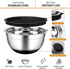 CHAREADA Mixing Bowls with Airtight Lids, 18pcs Stainless Steel Nesting Colorful Mixing Bowls Set Non-slip Silicone Bottom, Size 4.5, 3.6, 2.7, 2.1, 1.7, 1.1, 0.7 qt, Fit for Mixing & Serving (Black)