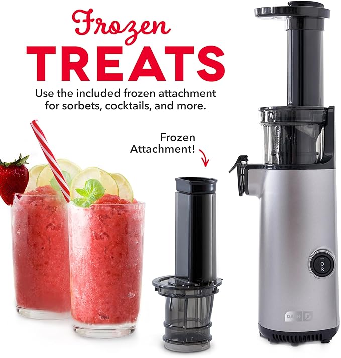 DASH Deluxe Compact Masticating Slow Juicer, Easy to Clean Cold Press Juicer with Brush, Pulp Measuring Cup, Frozen Attachment and Juice Recipe Guide - Graphite