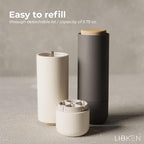 LIBKEN Non-Spill Salt and Pepper Grinder Set - Adjustable Ceramic Grinder - Minimalistic Spice Mill - Easy to Refill Condiments Dispenser - Wood & Soft-Coated Plastic - 6.2 x 2.2 inch (White & Grey)
