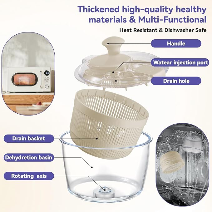 Good Girps 3.2 Qt Glass Salad Spinner Small Vegetable Dryer with Drain Microwave Safe Dishwasher Safe with Transparent Lid Crank Handle Quick Spin Greens Washer for Lettuce Herbs Fruits White