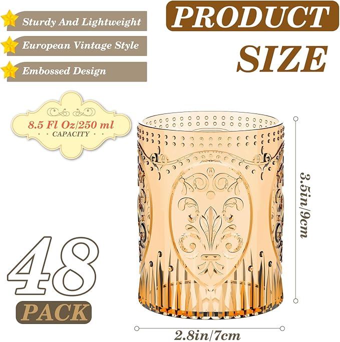 Qinyoung 48 Plastic Vintage Drinking Glasses 8.5oz Stemless Retro Embossed Wine Glasses Shatterproof Reusable Cups for Baby Shower Wedding Reception Grand Event Party (Yellow)