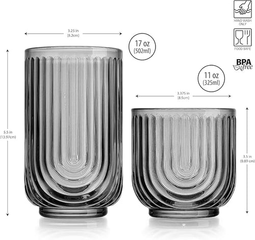16 Piece Smoke Glassware Set, Art Deco Black Drinking Glasses, Ribbed U-Shape Design, 8 Highball 17oz and 8 Whiskey 11oz DOF