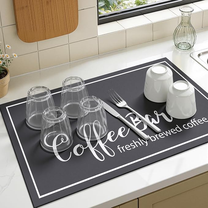 Findosom Dish Drying Mat, 17"x 32" Super Absorbent & Hide Stain Coffee Mat, Cuttable Drying Mat for Kitchen Counter, Coffee Bar Accessories, Under Dish Rack, Coffee Maker, Espresso Machine, DarkGrey