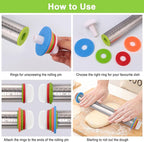 Rolling Pin with Thickness Rings and Red Silicone Baking Mat, Adjustable Stainless Steel Rolling Pins for Pasta or Sugar Decorating Cookies, Bread Making Tools Fondant Roller for Dough, Dumpling