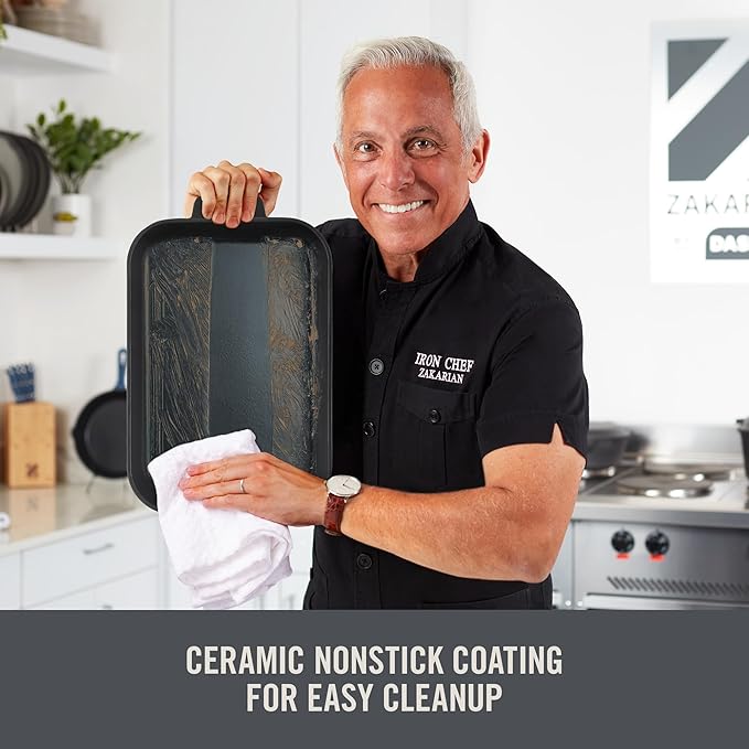 Zakarian x Dash Nonstick Cast Iron Baker - Oven-Safe Baking Pan for Pasta, Casseroles, Crumbles, and More - Easy-Release, Rust-Resistant, and Even Heat Distribution - Black, 9-Inch x 13-Inch